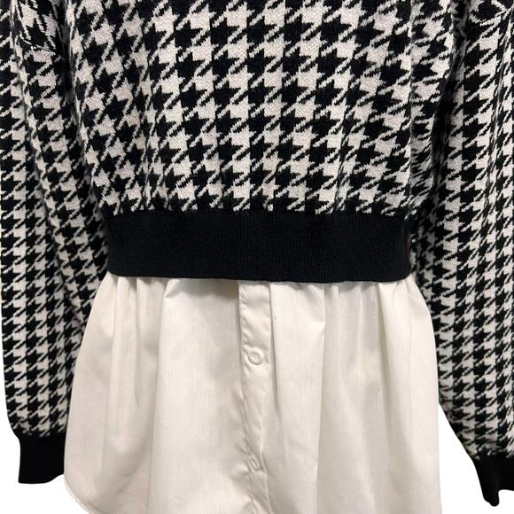 Joie Womens Houndstooth Black & White Knit Layered Twofer Sweater Blouse Sz M - Picture 2 of 11